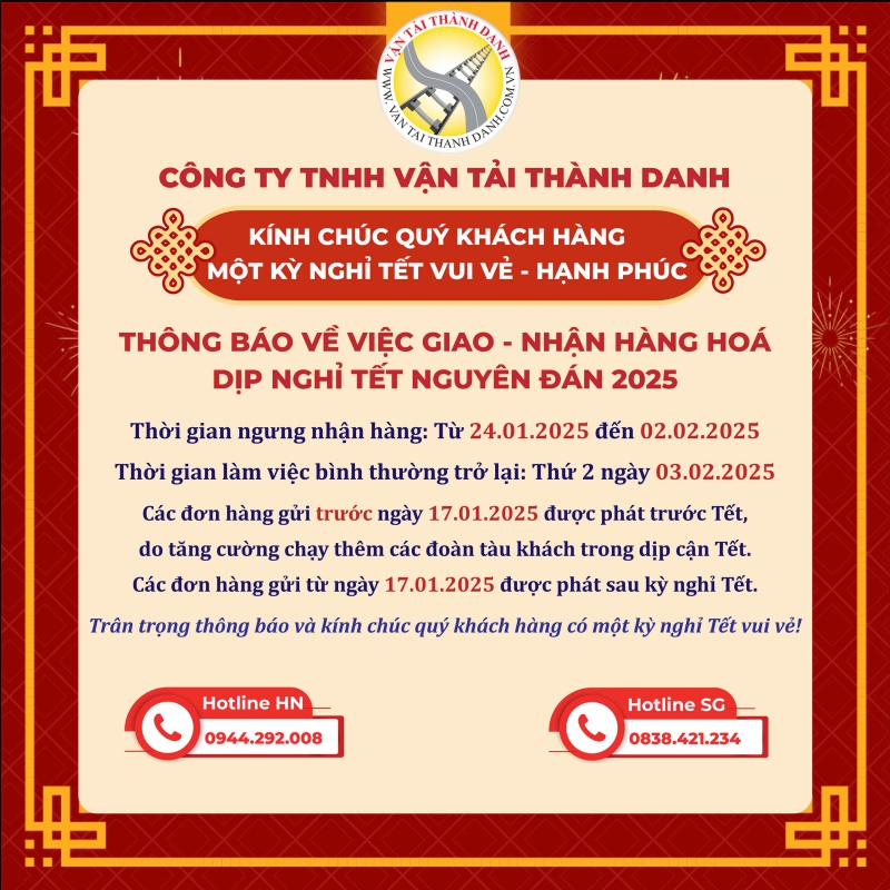 TB CTY THÀNH DANH LỊCH GIAO - NHẬN HÀNG KỲ NGHỈ TẾT ẤT TỴ 2025