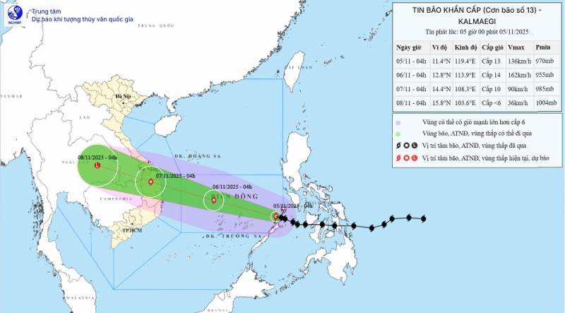Bão Kalmaegi vào Biển Đông thành bão số 13, giật cấp 16 và tiếp tục mạnh thêm